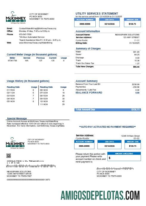 realista Modelo de conta de serviços públicos dos EUA Texas McKinney em formatos Word e PDF